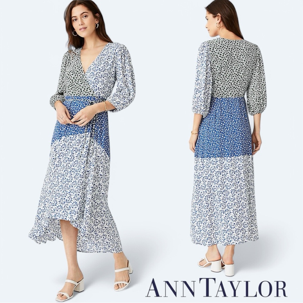 ANN TAYLOR Floral Wrap Flare Dress Patchwork Blue 3/4 Sleeve Flowy Lined Sz 12